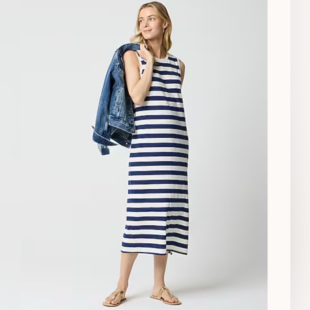 J. Crew Factory Stripe Knit Midi Tank Dress M Blue, White